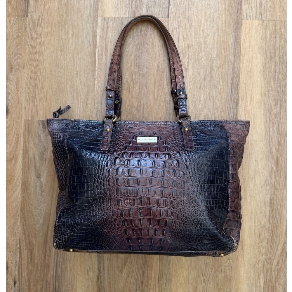 Brahmin Dark Brown Crocodile Embossed Leather Large Tote Shoulder Bag